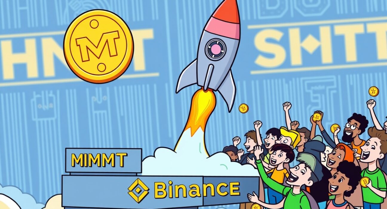 A vibrant cartoon showing the exciting Binance MMT listing launch, symbolizing growth and opportunity for HODLers.