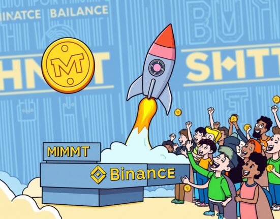 A vibrant cartoon showing the exciting Binance MMT listing launch, symbolizing growth and opportunity for HODLers.