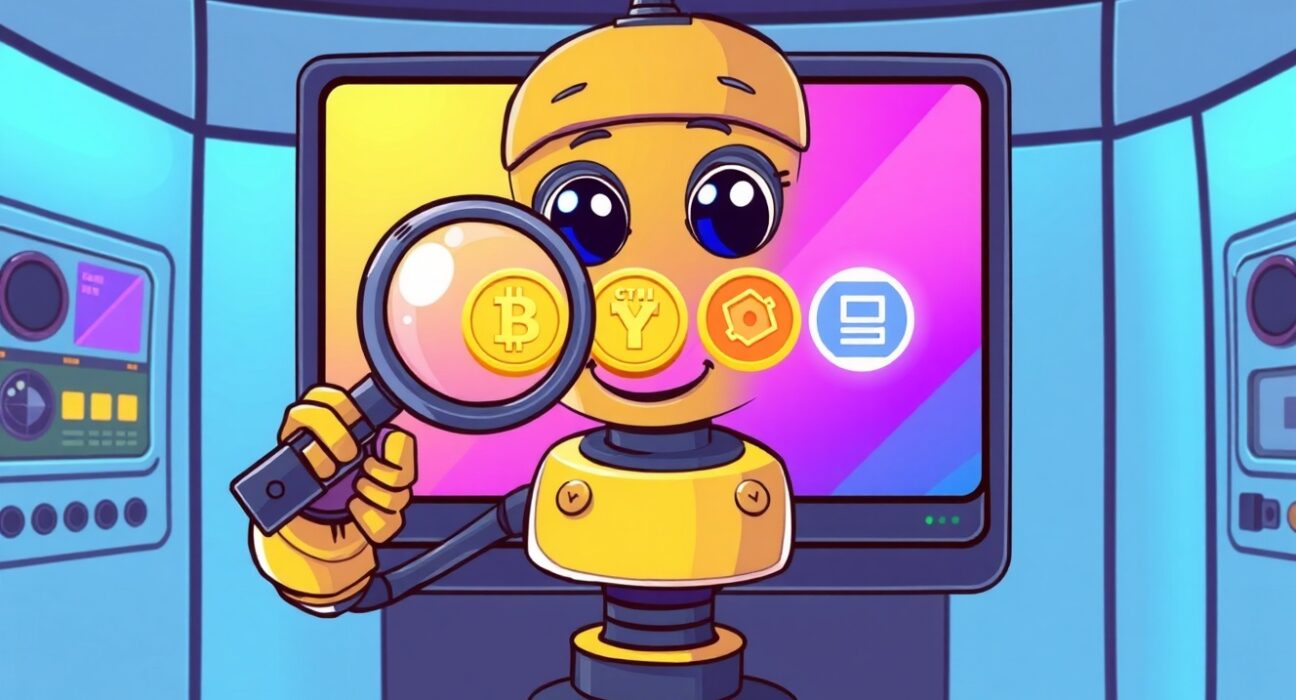 A cartoon robot scrutinizing tokens on the Binance monitoring list for investor safety.