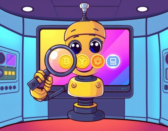 A cartoon robot scrutinizing tokens on the Binance monitoring list for investor safety.