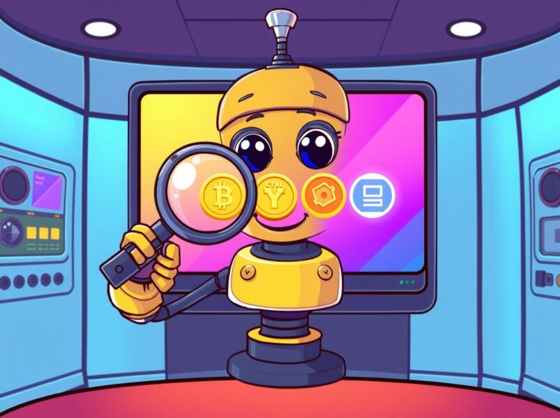 A cartoon robot scrutinizing tokens on the Binance monitoring list for investor safety.