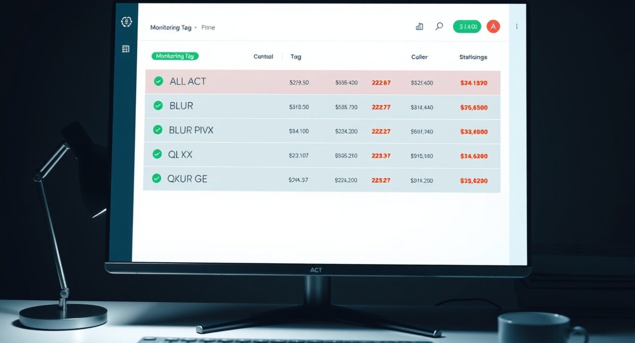Binance exchange dashboard showing Monitoring Tag for ACT, BLUR, PIVX, and QKC tokens