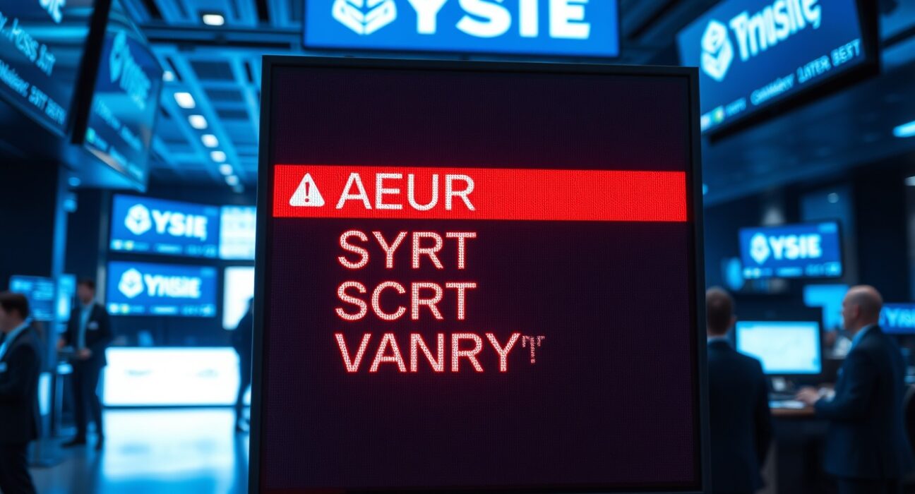 Digital trading board showing Binance Monitoring Tag alert for AEUR, PYR, SCRT, and VANRY tokens