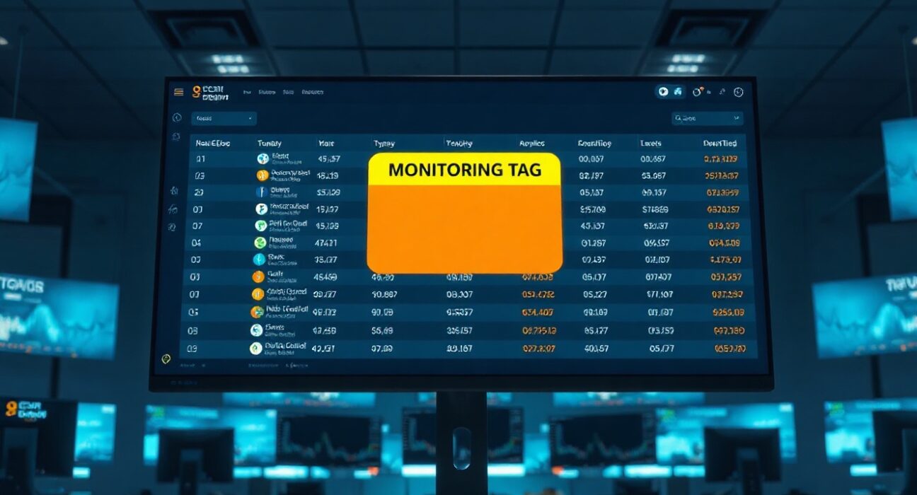 Cryptocurrency exchange dashboard displaying monitoring tag warning for multiple digital tokens