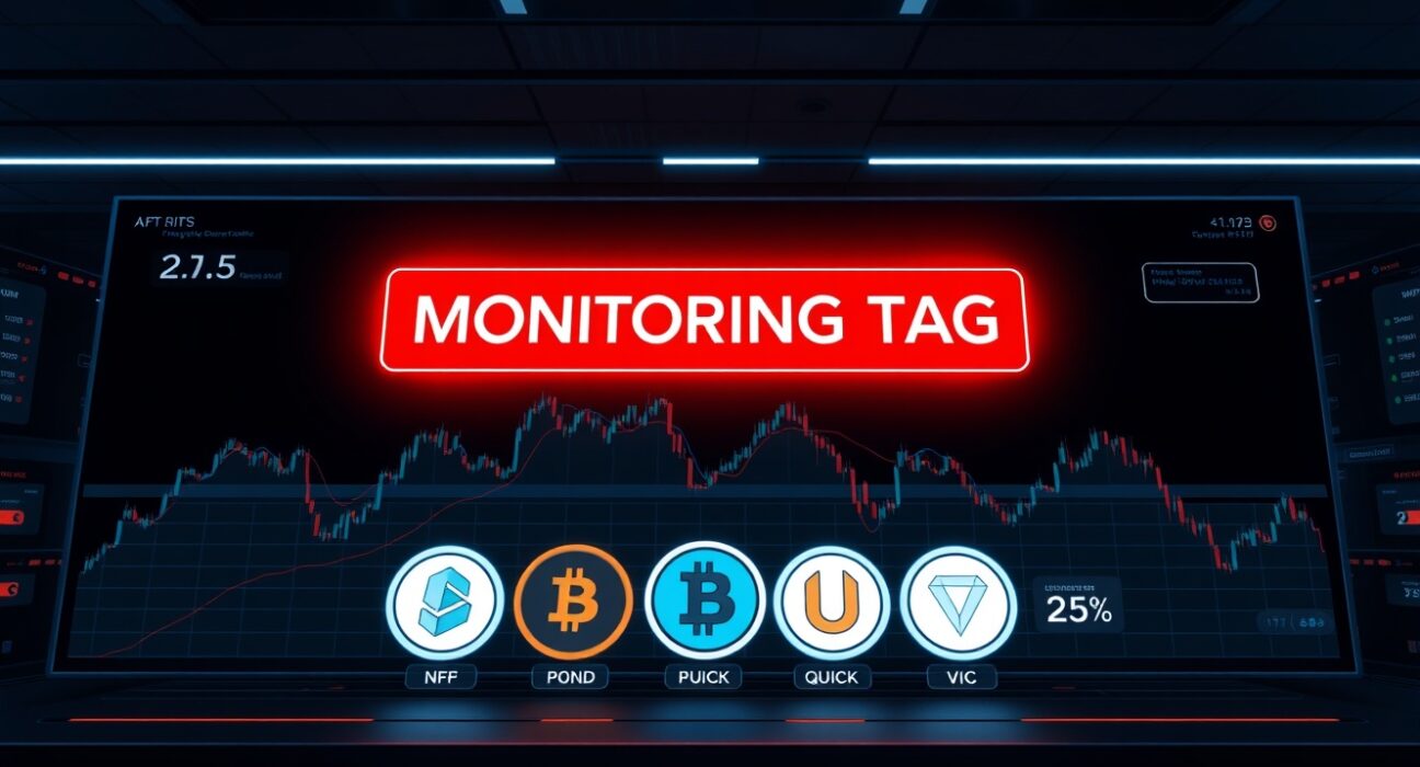 Binance Monitoring Tag warning for NFP, NOM, POND, QUICK, and VIC tokens on a cryptocurrency exchange dashboard.