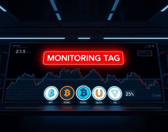 Binance Monitoring Tag warning for NFP, NOM, POND, QUICK, and VIC tokens on a cryptocurrency exchange dashboard.