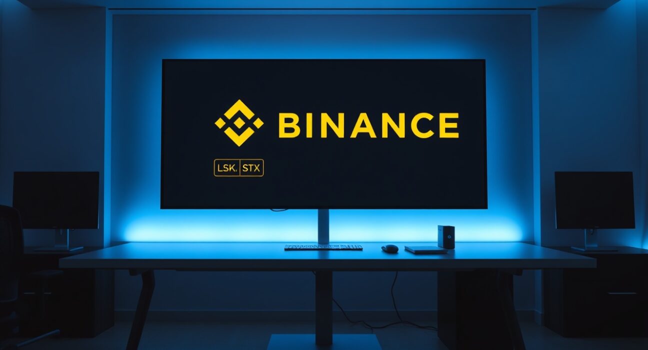 Binance trading screen with LSK, ACX, and STX highlighted with monitoring tag warnings.