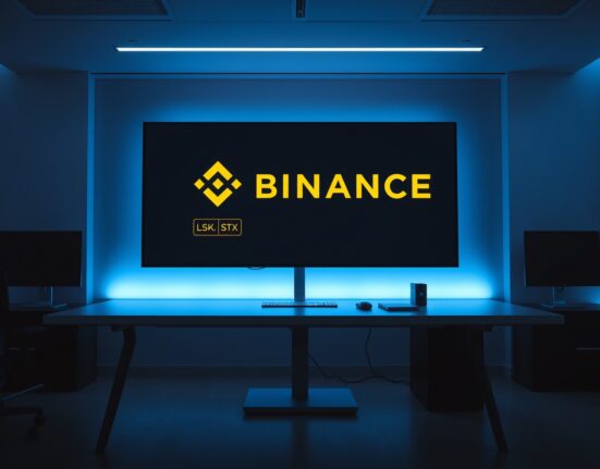 Binance trading screen with LSK, ACX, and STX highlighted with monitoring tag warnings.