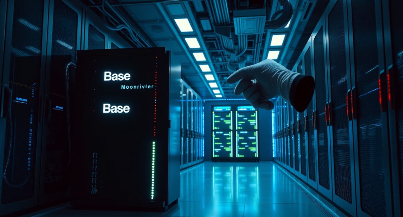 Binance migration from Moonriver and Moonbeam mainnets to Base network depicted as server rack transition.