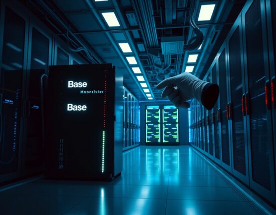 Binance migration from Moonriver and Moonbeam mainnets to Base network depicted as server rack transition.