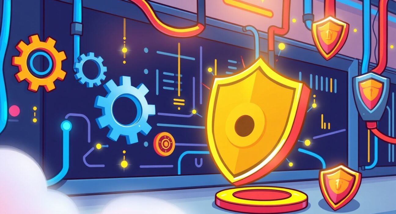 A cartoon showing a secure and efficient NEAR Protocol upgrade, with digital assets flowing smoothly through a network, symbolizing Binance's temporary suspension for maintenance.