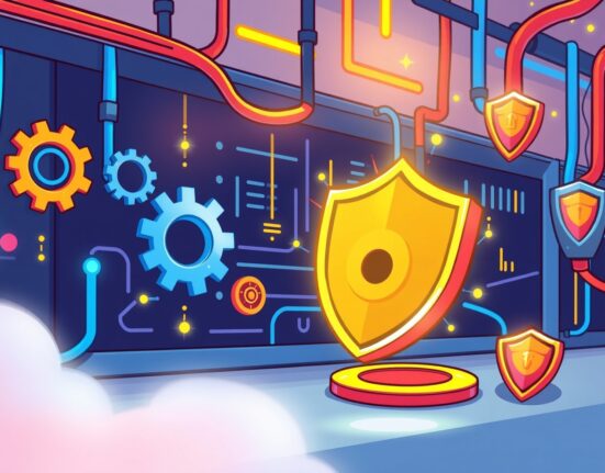 A cartoon showing a secure and efficient NEAR Protocol upgrade, with digital assets flowing smoothly through a network, symbolizing Binance's temporary suspension for maintenance.