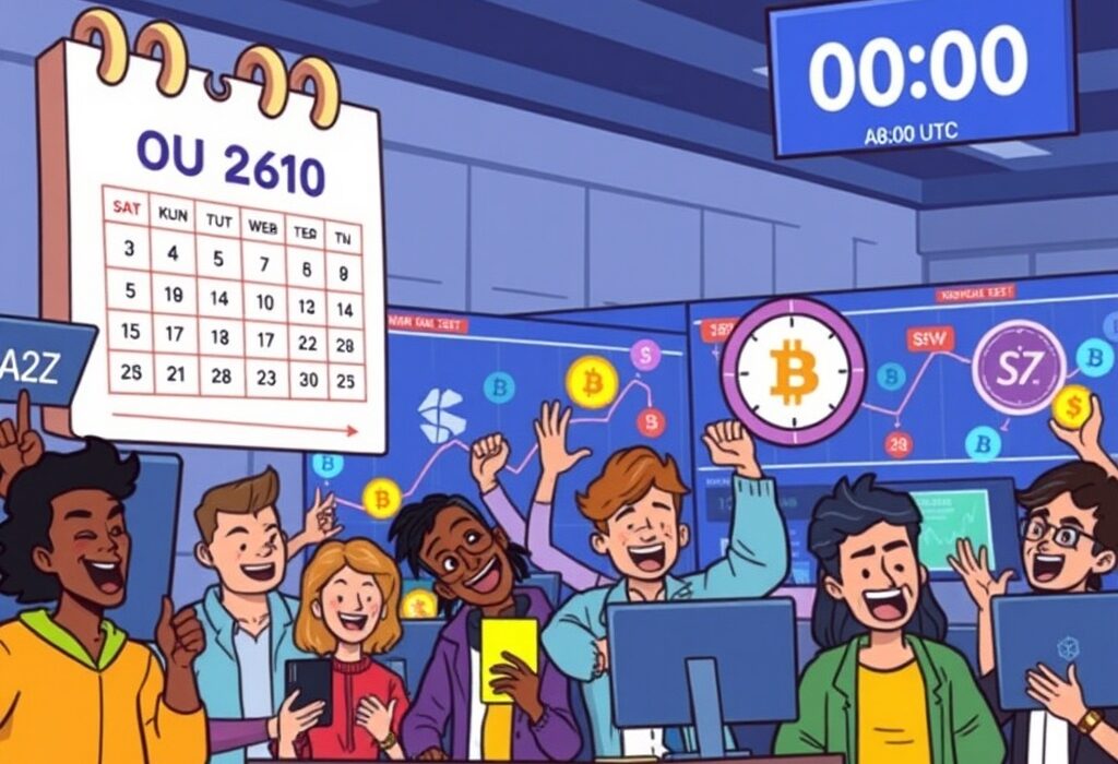 A cartoon illustration showing the excitement around Binance new listings of A2Z, SSV, and UMA spot trading pairs on a digital exchange.