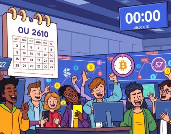 A cartoon illustration showing the excitement around Binance new listings of A2Z, SSV, and UMA spot trading pairs on a digital exchange.