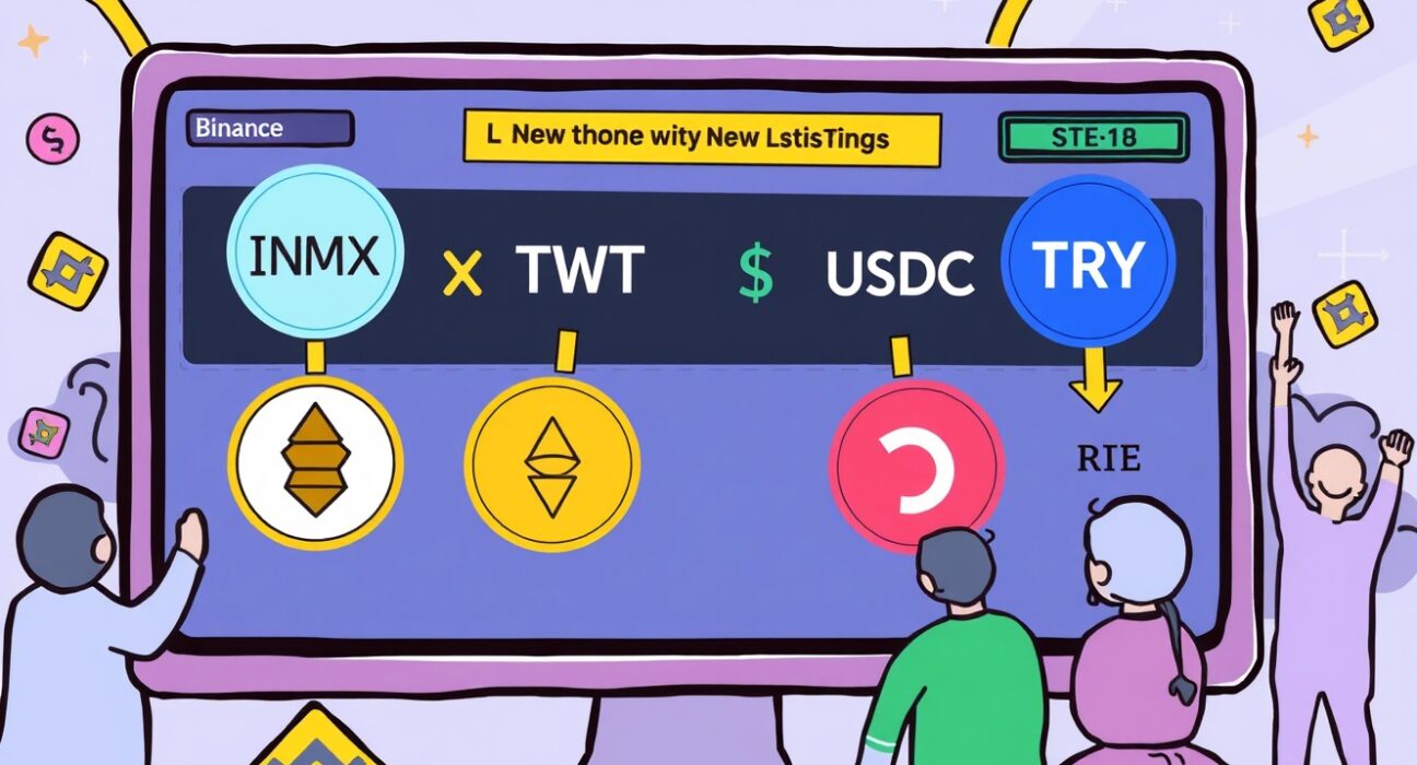 Cartoon illustration of a digital screen displaying Binance new listings, highlighting IMX/USDC and other spot trading pairs.