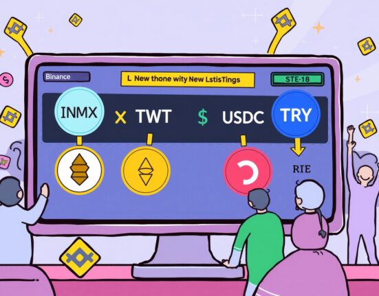 Cartoon illustration of a digital screen displaying Binance new listings, highlighting IMX/USDC and other spot trading pairs.