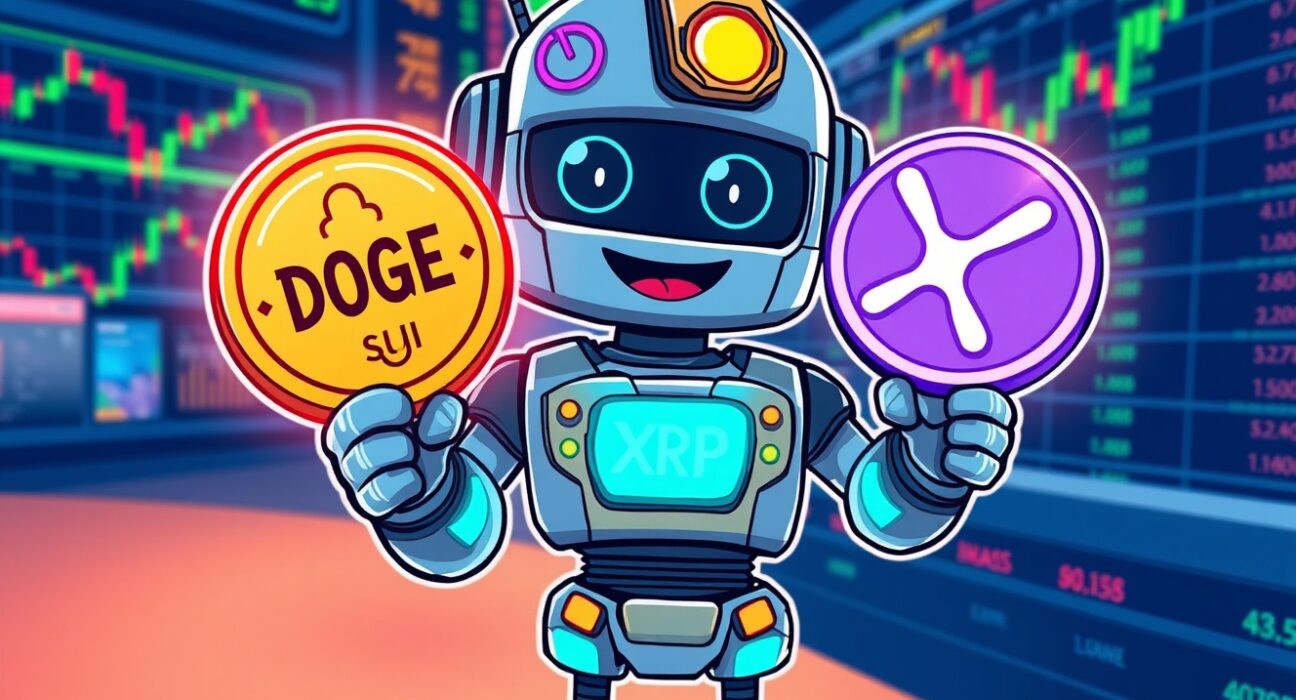 A vibrant cartoon robot showcasing new Binance spot trading pairs for DOGE, SUI, and XRP coins.
