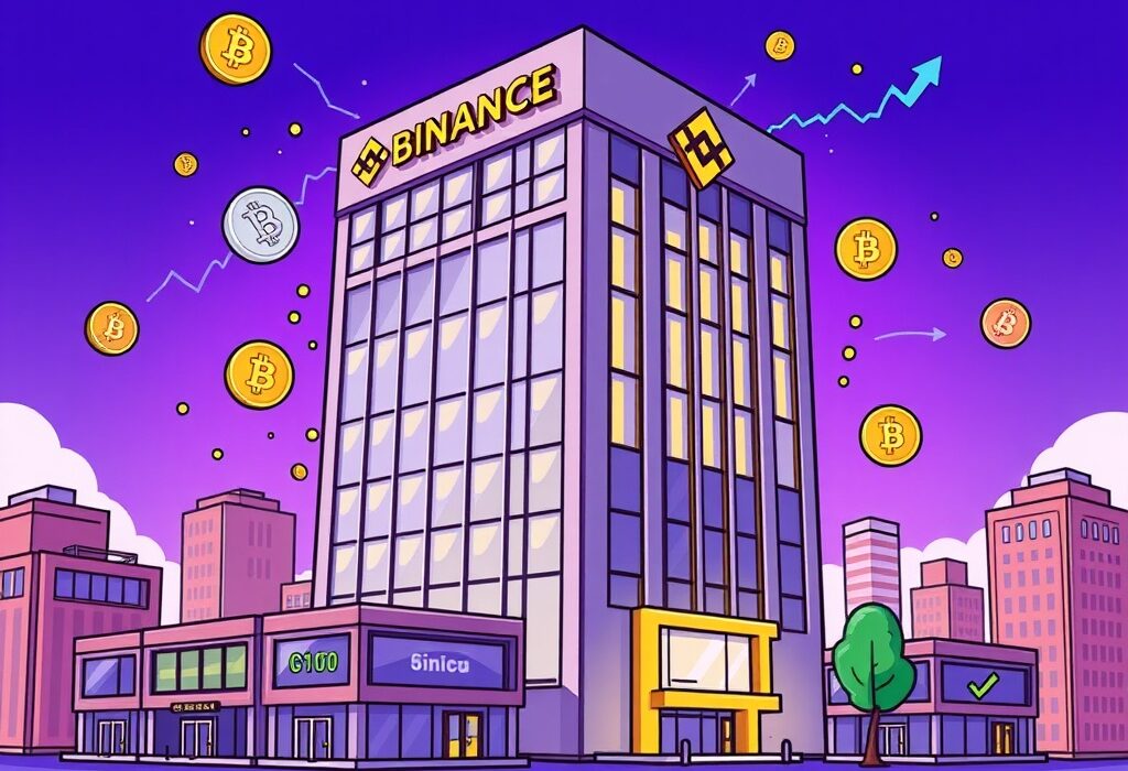 A vibrant cartoon illustration showing Binance's overwhelming market leadership in new token trading volume, with its building towering over competitors.