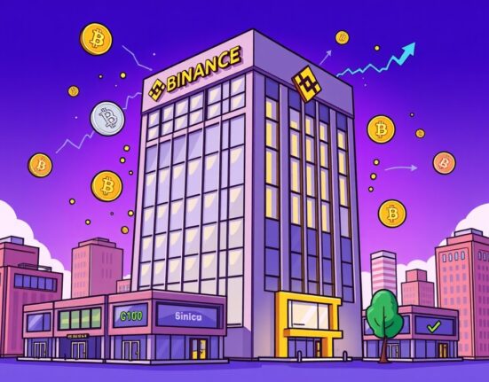 A vibrant cartoon illustration showing Binance's overwhelming market leadership in new token trading volume, with its building towering over competitors.