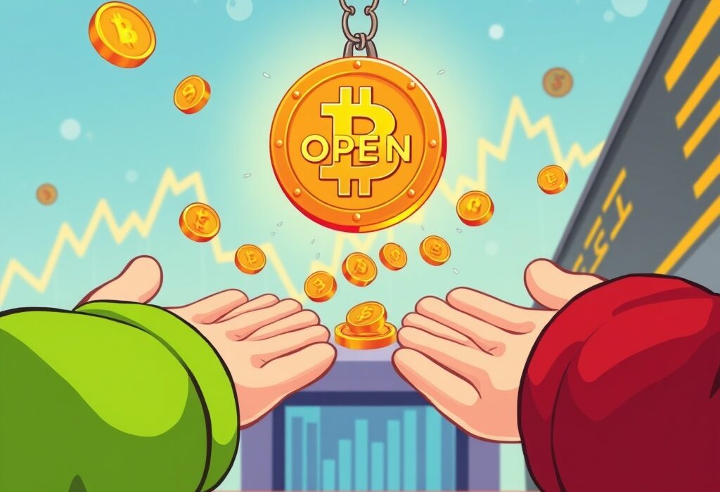 A cartoon image illustrating the exciting Binance OPEN listing and the accompanying Hodler Airdrop, showing coins being listed and distributed.