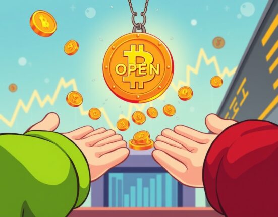 A cartoon image illustrating the exciting Binance OPEN listing and the accompanying Hodler Airdrop, showing coins being listed and distributed.