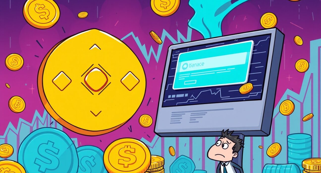 Cartoon showing a panicked crypto market with a glitching exchange screen, illustrating the impact of the Binance outage.