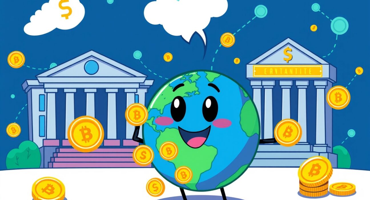 A vibrant cartoon illustrating the concept of tokenizing state assets between a government and a crypto exchange.