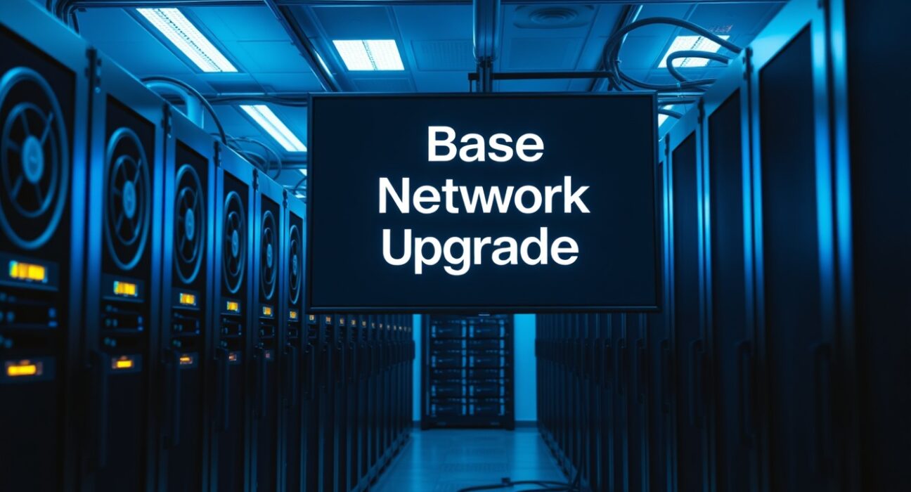Server room with digital countdown display for Base network upgrade on Binance