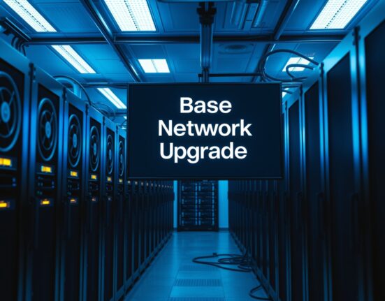 Server room with digital countdown display for Base network upgrade on Binance