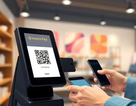 A point-of-sale terminal accepting Binance Pay cryptocurrency payments in a retail setting.