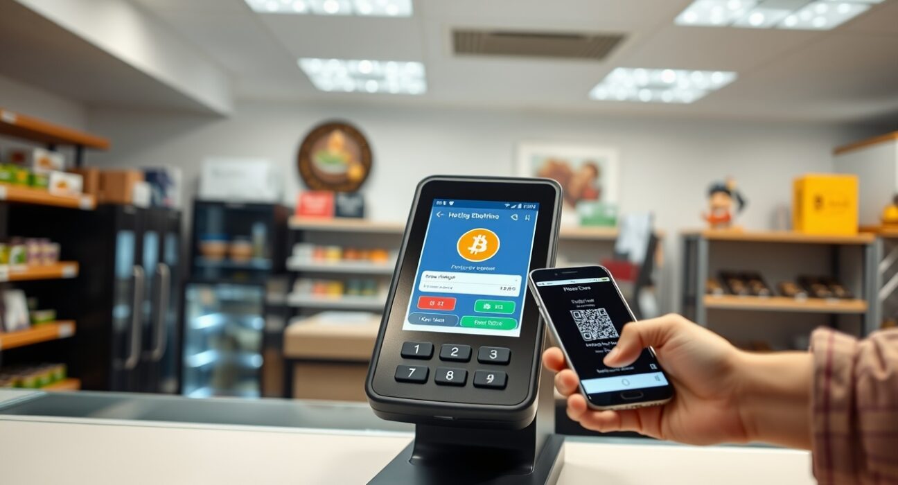 Point-of-sale terminal displaying a cryptocurrency payment confirmation in a Kazakhstan retail store