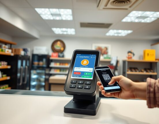 Point-of-sale terminal displaying a cryptocurrency payment confirmation in a Kazakhstan retail store
