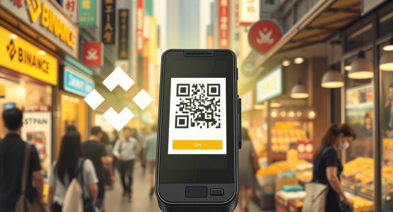 Binance Pay QR payment terminal in a busy urban market, representing the milestone of cumulative payments exceeding $280 billion.