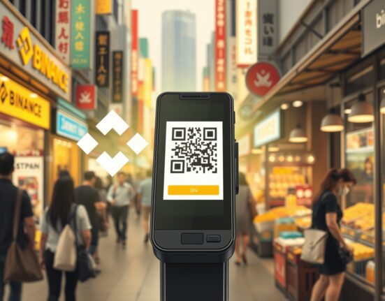 Binance Pay QR payment terminal in a busy urban market, representing the milestone of cumulative payments exceeding $280 billion.