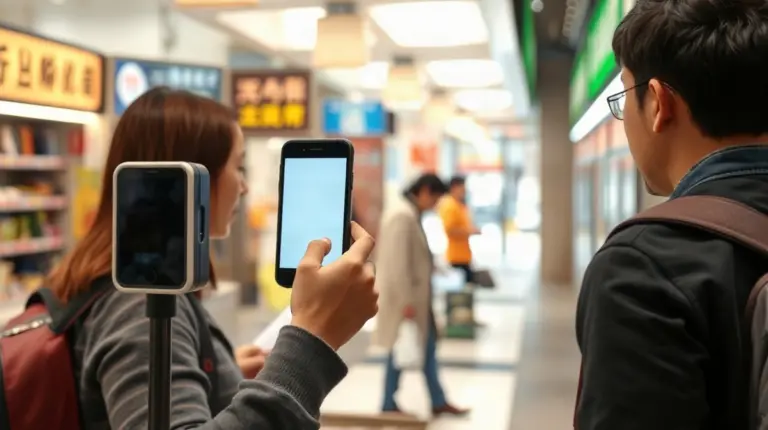 Traveler scanning a merchant QR code with a smartphone payment app at a Japanese store counter