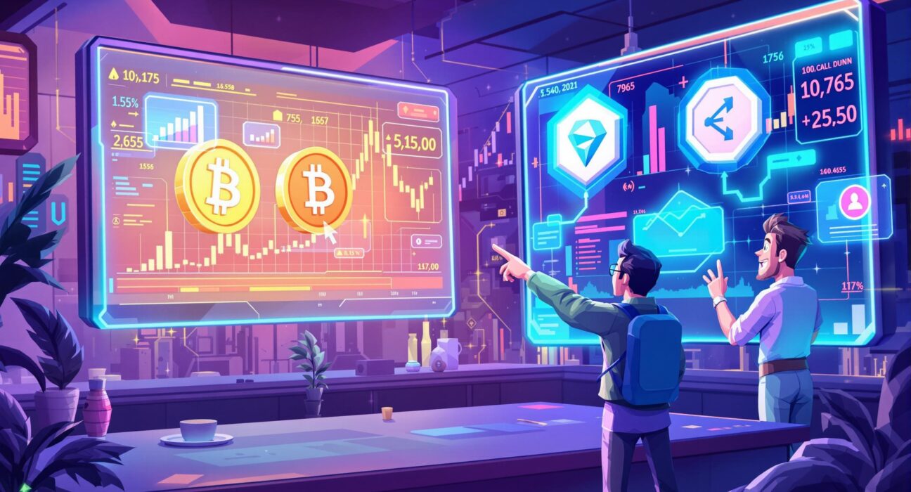 A cartoon illustration showing traders excitedly engaging with screens, symbolizing new Binance perpetual contracts and trading opportunities.