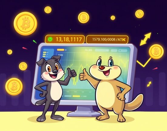 A cartoon character confidently presenting a screen displaying Binance perpetual contracts, symbolizing high-leverage crypto trading opportunities.