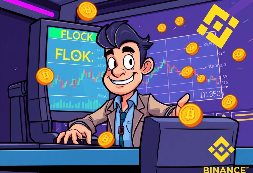 A cartoon trader confidently managing screens displaying FLOCK and SKY charts, symbolizing the dynamic world of Binance perpetual futures trading.