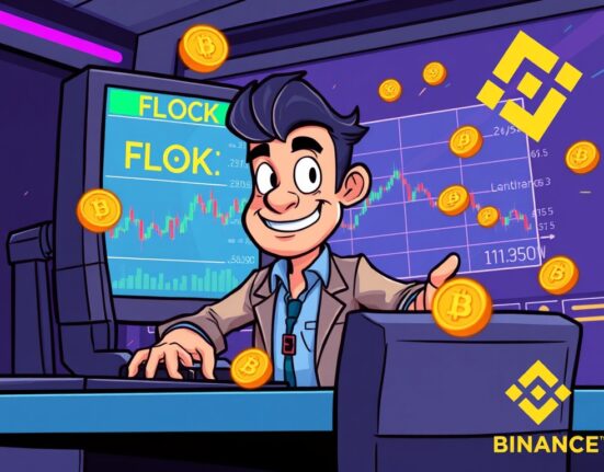 A cartoon trader confidently managing screens displaying FLOCK and SKY charts, symbolizing the dynamic world of Binance perpetual futures trading.
