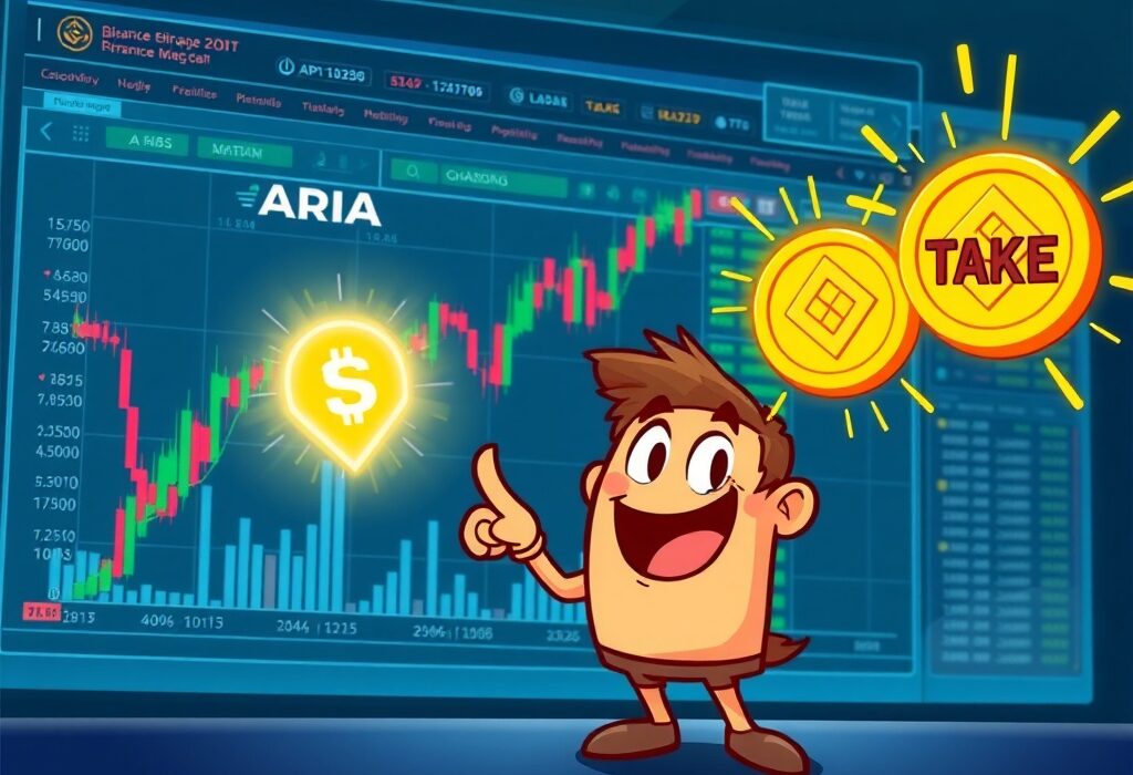 Cartoon illustration showing the launch of Binance perpetual futures contracts for ARIA and TAKE, symbolizing new trading opportunities.