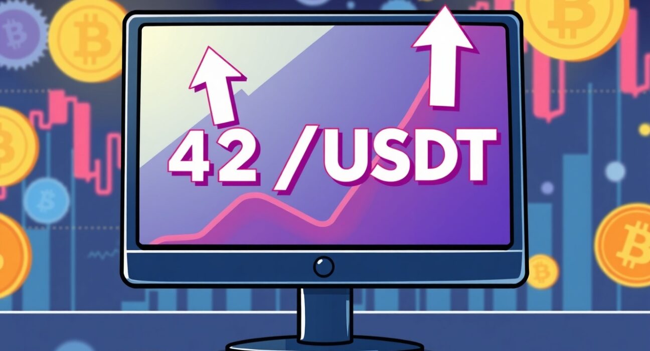 Cartoon illustration of a trading screen highlighting 42/USDT, symbolizing new Binance perpetual futures opportunities and high leverage.