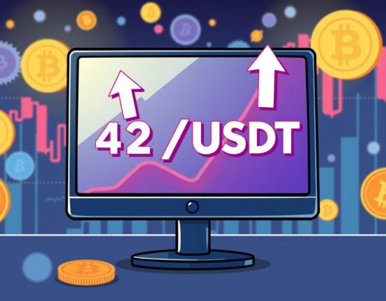 Cartoon illustration of a trading screen highlighting 42/USDT, symbolizing new Binance perpetual futures opportunities and high leverage.