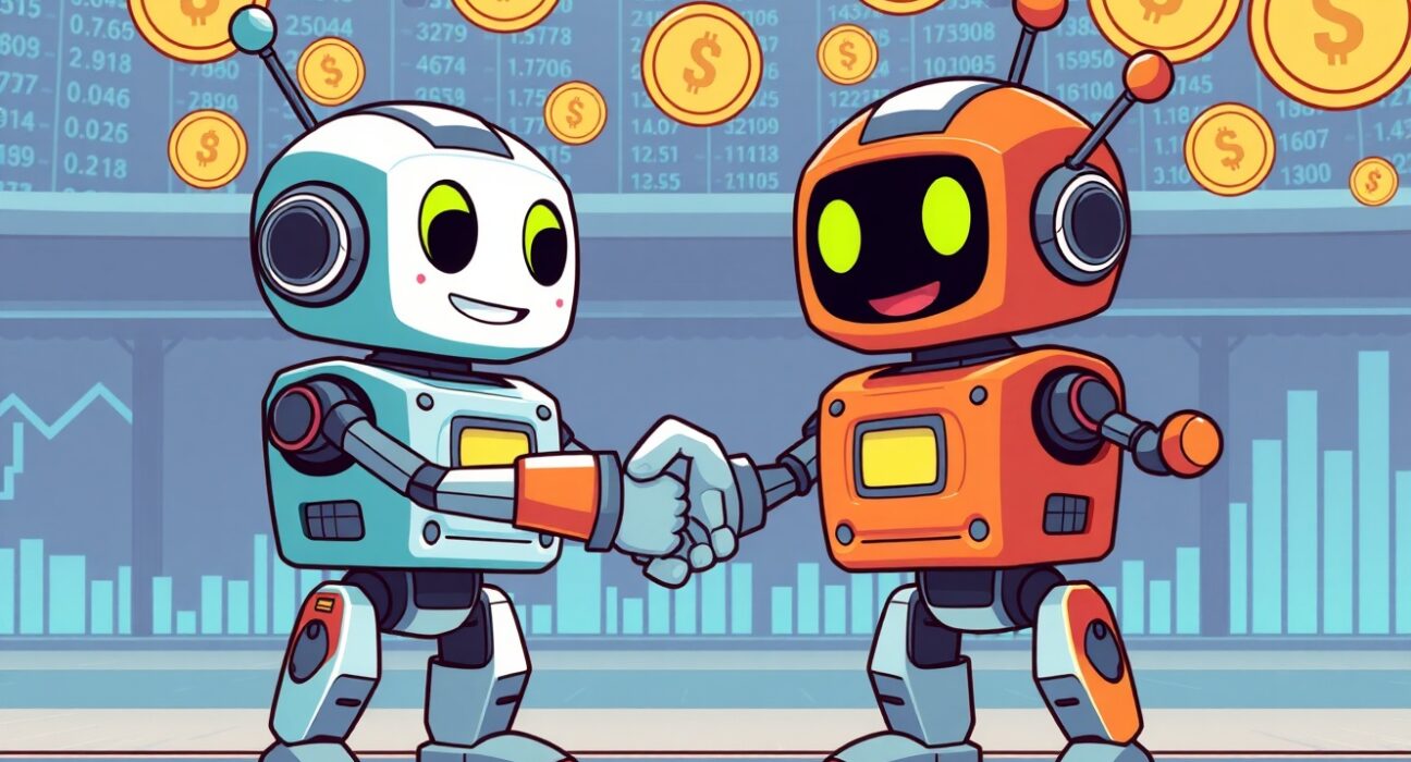 Binance perpetual futures trading featuring animated crypto robots on digital exchange platform