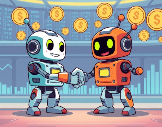 Binance perpetual futures trading featuring animated crypto robots on digital exchange platform