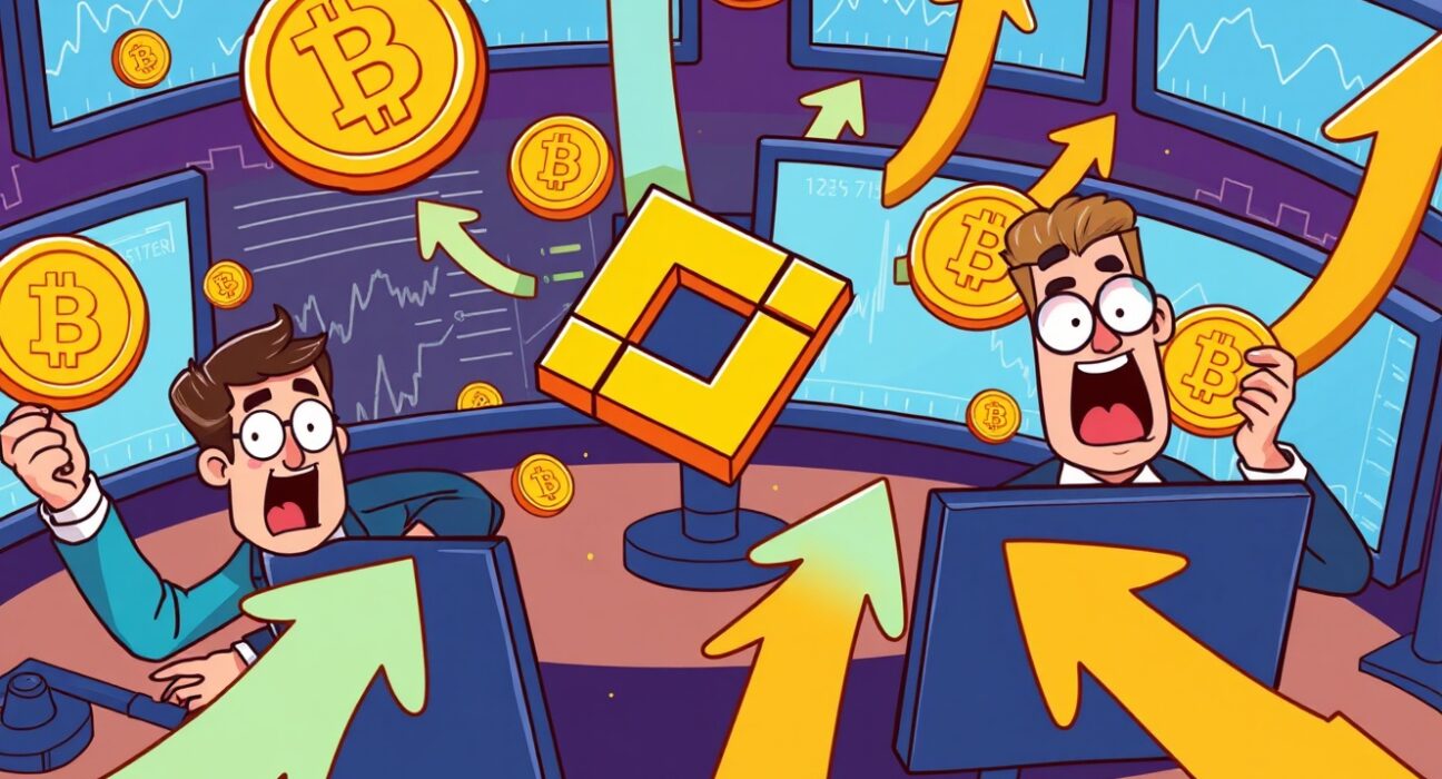 A cartoon illustration depicting traders excitedly engaging with new Binance perpetual futures listings, highlighting the opportunities with ASTER and TRADOOR.