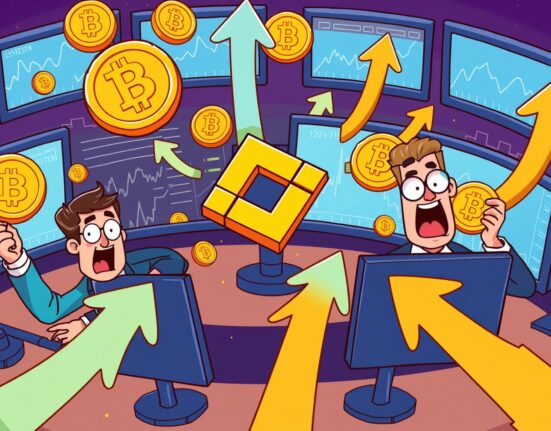 A cartoon illustration depicting traders excitedly engaging with new Binance perpetual futures listings, highlighting the opportunities with ASTER and TRADOOR.