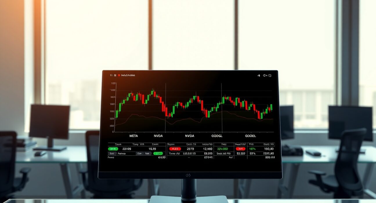 Trading terminal displaying Binance perpetual futures charts for META, NVDA, and GOOGL stocks.