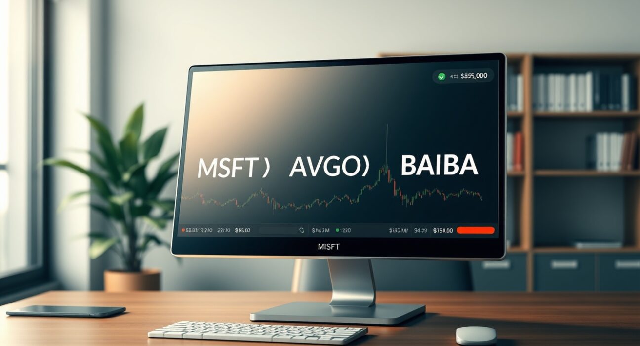 Binance trading terminal displaying Microsoft, Broadcom, and Alibaba stock futures for crypto traders.