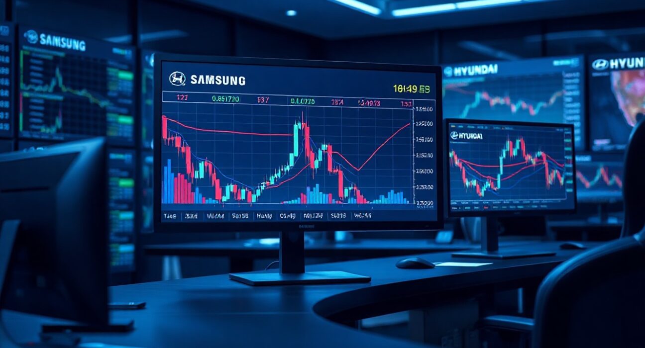 Trading desk with monitors showing stock futures charts for Samsung, SK Hynix, and Hyundai