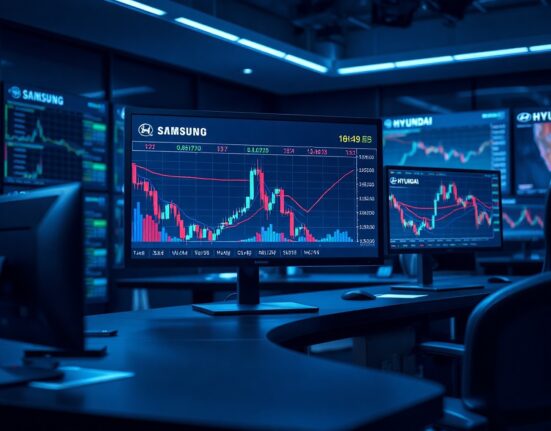 Trading desk with monitors showing stock futures charts for Samsung, SK Hynix, and Hyundai